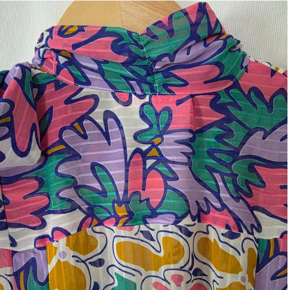 Vintage 80's Mosaic Floral Mixed Print Pleated Sheer Midi Dress Small Vivid Fun - Picture 11 of 14